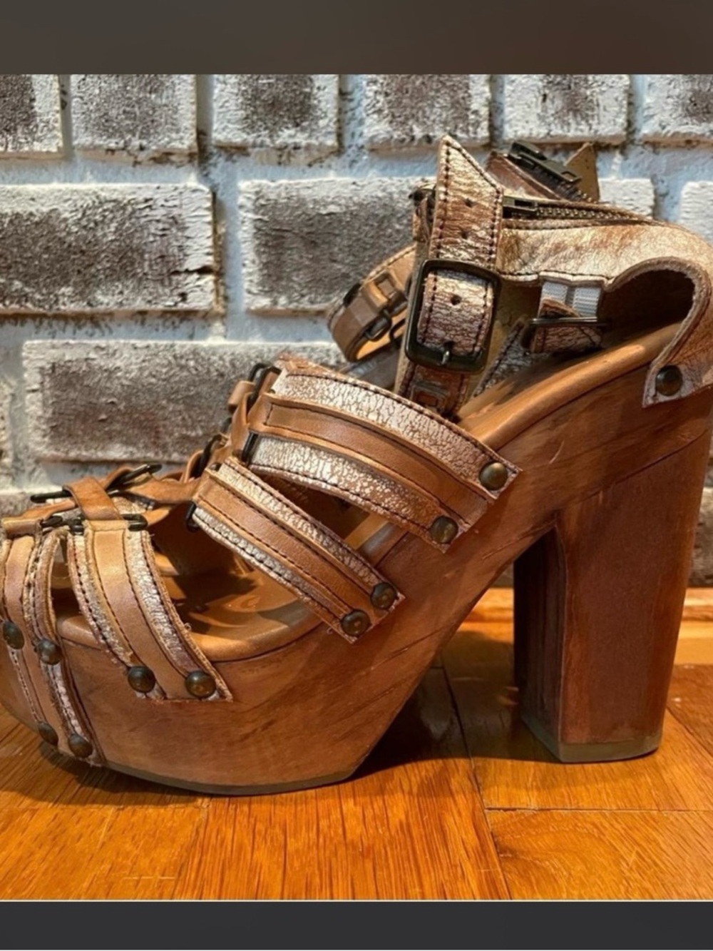 Bed Stu Tan Brown Leather Platform Block Heel Sandals